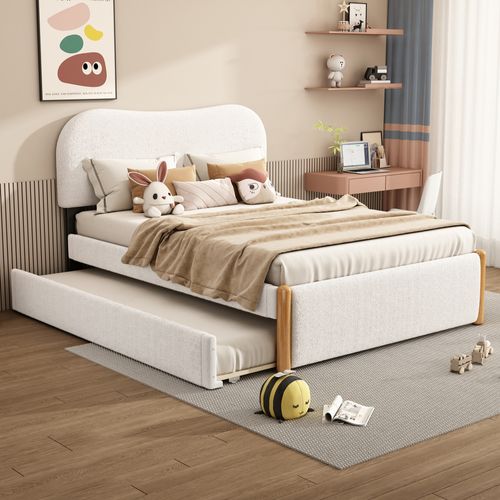 Lit Adulte 140x200 Cm Avec Lit Gigogne Enfant 90x190 Cm En Tissu Bouclé Blanc