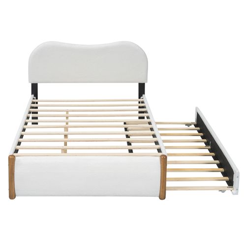 Lit Adulte 140x200 Cm Avec Lit Gigogne Enfant 90x190 Cm En Tissu Bouclé Blanc