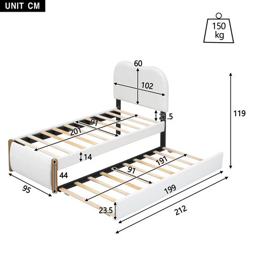 Lit Enfant Gigogne 90x200 Cm Avec Sommiers Et Tête De Lit En Tissu Bouclé Blanc