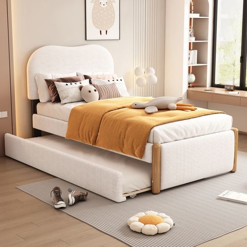 Lit Enfant Gigogne 90x200 Cm Avec Sommiers Et Tête De Lit En Tissu Bouclé Blanc