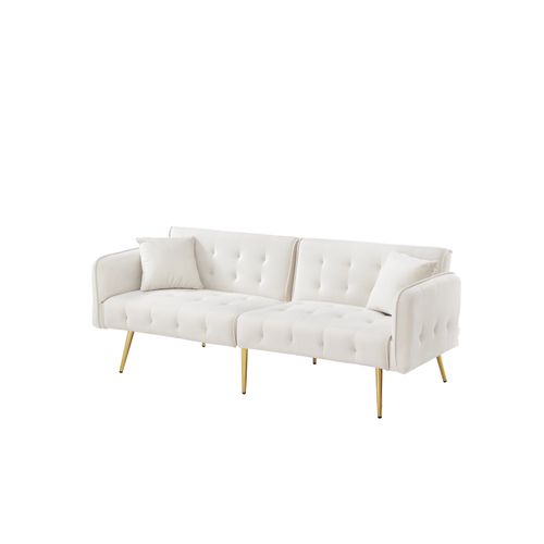 Canapé Convertible 2 Places Velours Blanc Antique 178 Cm Accoudoirs Et Dossier Réglable