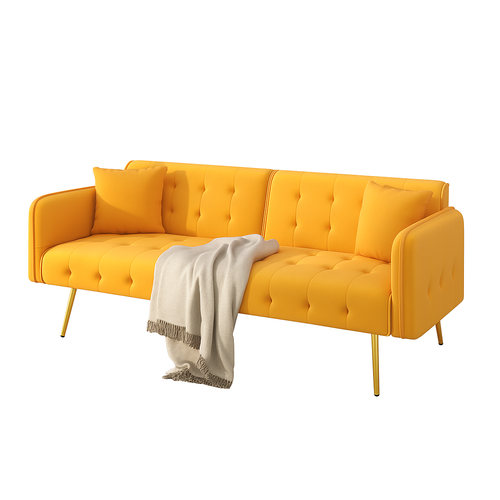 Canapé 2 Places Convertible En Lit Velours Jaune Réglable Avec Pieds En Métal