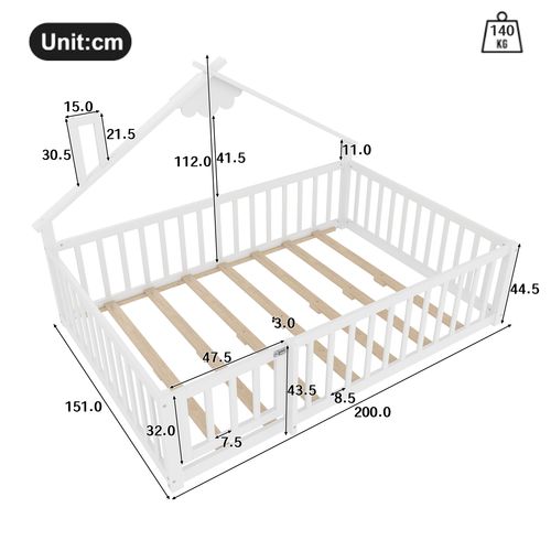 Lit Enfant Cabane 140x190 Cm Avec Barrières Sécurisées Et Sommier, Pin Blanc