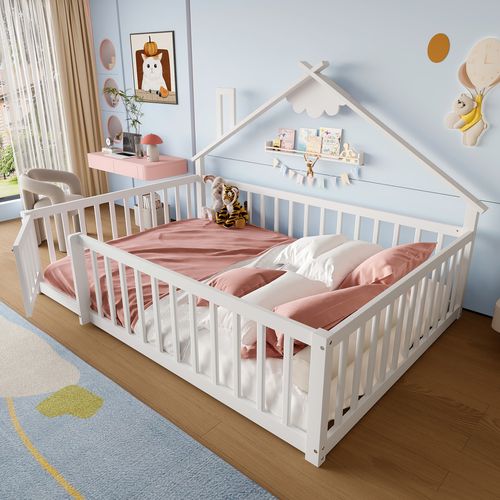 Lit Enfant Cabane 140x190 Cm Avec Barrières Sécurisées Et Sommier, Pin Blanc