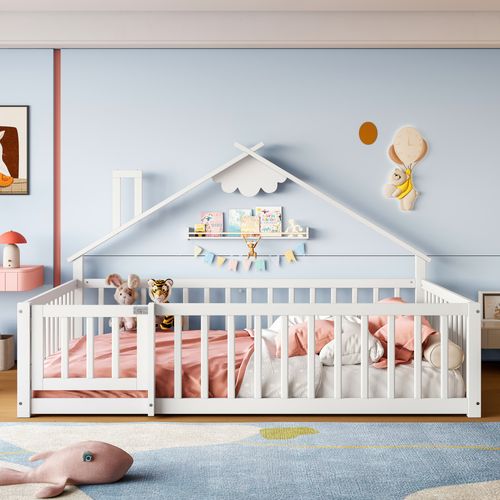 Lit Enfant Cabane 140x190 Cm Avec Barrières Sécurisées Et Sommier, Pin Blanc
