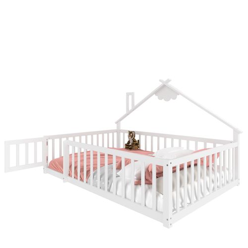 Lit Enfant Cabane 140x190 Cm Avec Barrières Sécurisées Et Sommier, Pin Blanc