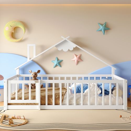 Lit Cabane Enfant 90x190 Cm Avec Barrières De Sécurité, En Pin Blanc