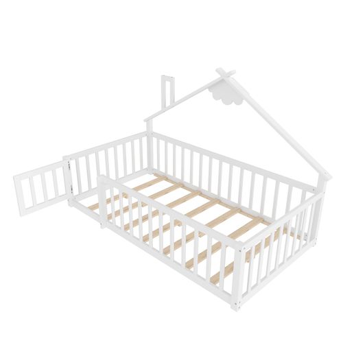 Lit Cabane Enfant 90x190 Cm Avec Barrières De Sécurité, En Pin Blanc