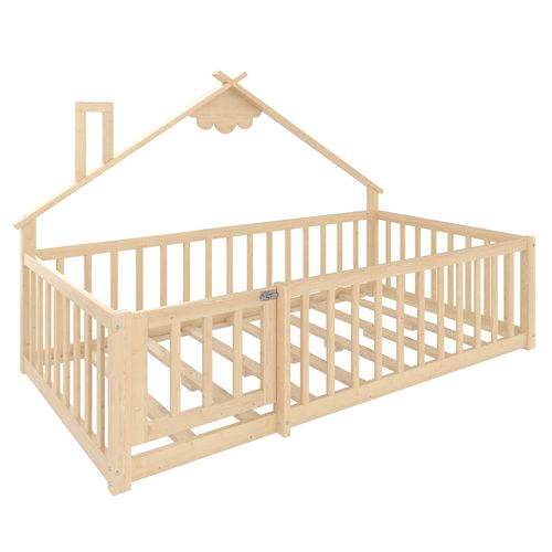Lit Cabane Enfant 90x190 Cm Avec Sommier Et Porte à Verrou, En Pin Naturel