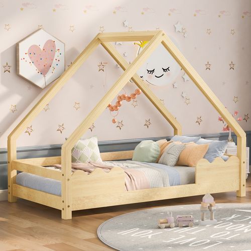Lit Cabane 90x200 Cm Avec Barrières De Sécurité Et Sommier, Bois Naturel