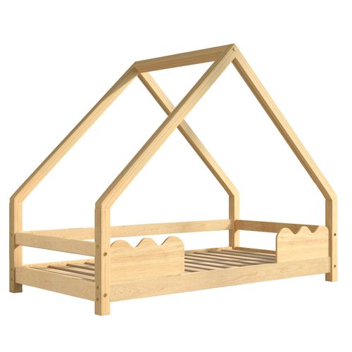 Lit Cabane 90x200 Cm Avec Barrières De Sécurité Et Sommier, Bois Naturel