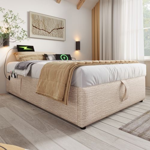 Lit Coffre 90x190 Cm, Lit Enfant Avec Bibliothèque De Chevet Blanche, Port USB-c, En Lin, Naturel