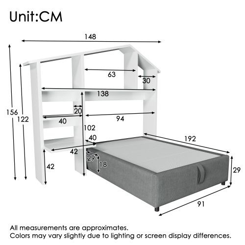 Lit Coffre 90x190 Cm, Lit Enfant Avec Bibliothèque De Chevet Blanche, Port USB-c, En Lin, Gris