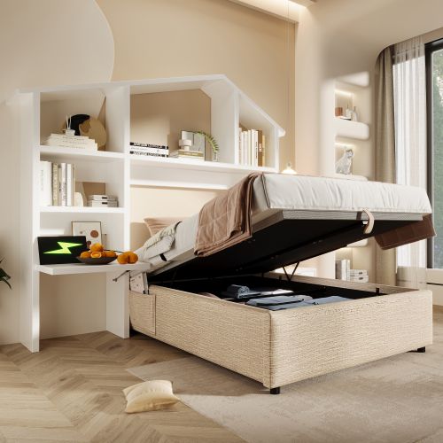 Lit Coffre 90x200 Cm, Lit Enfant Avec Bibliothèque De Chevet Blanche, Port USB-c, En Lin, Naturel