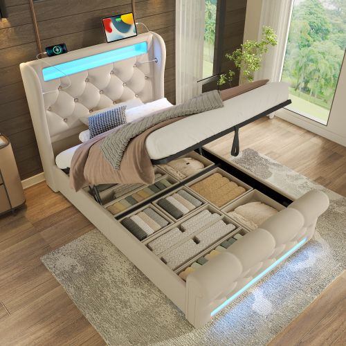 Lit Coffre 90x200 Cm, Lit Enfant Avec Lumière LED, Ports USB Et Type-c, Velours, Beige