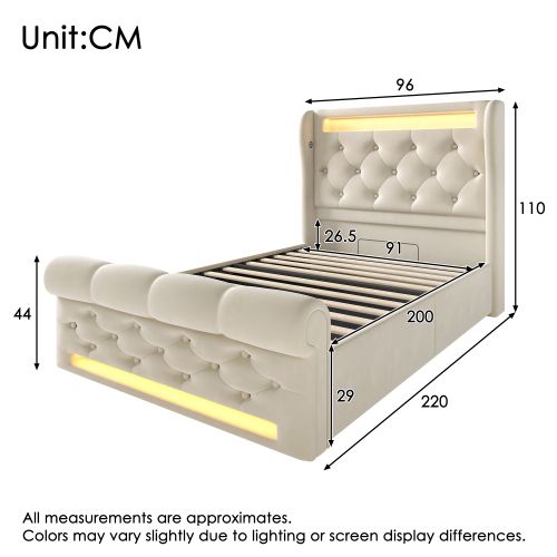 Lit Coffre 90x200 Cm, Lit Enfant Avec Lumière LED, Ports USB Et Type-c, Velours, Beige