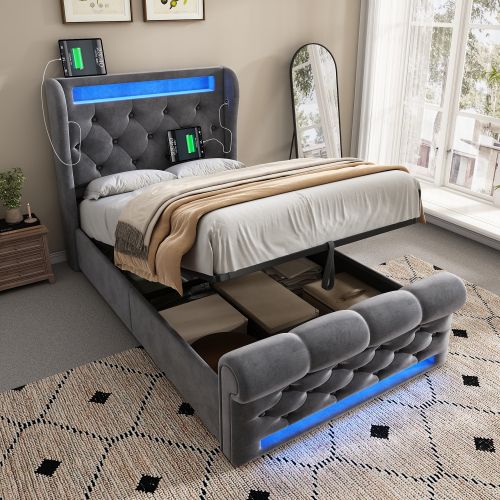 Lit Coffre 90x200 Cm, Lit Enfant Avec Lumière LED, Ports USB Et Type-c, Velours, Gris