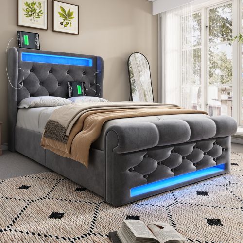 Lit Coffre 90x200 Cm, Lit Enfant Avec Lumière LED, Ports USB Et Type-c, Velours, Gris