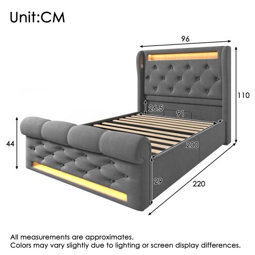Lit Coffre 90x200 Cm, Lit Enfant Avec Lumière LED, Ports USB Et Type-c, Velours, Gris