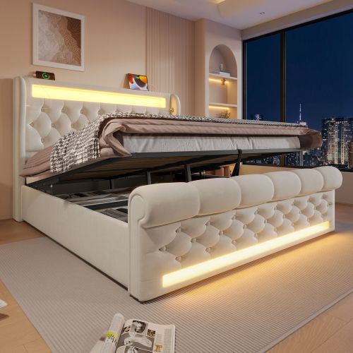 Lit Coffre 160x200 Cm, Lit Adulte Avec Lumière LED, Ports USB Et Type-c, Velours, Beige