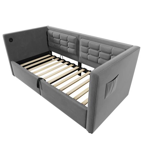 Lit Coffre 90x200 Cm, Lit Enfant Avec 2 Poches Latérales, Ports USB Et Type-c, En Velours, Gris