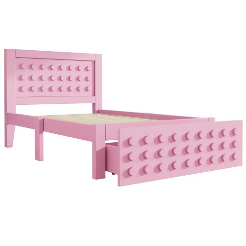 Lit Enfant 90x190 Cm Avec Tiroir, Design En Forme De Blocs De Construction, Sommier à Lattes, Rose