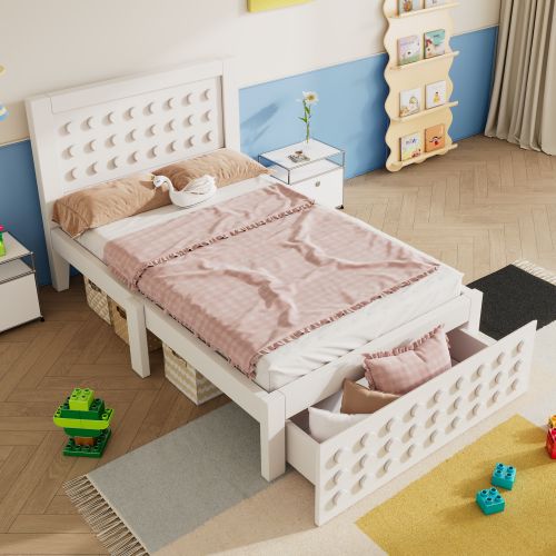 Lit Enfant 90x190 Cm Avec Tiroir, Design En Forme De Blocs De Construction, Sommier à Lattes, Blanc