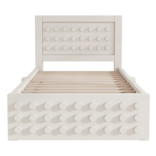 Lit Enfant 90x190 Cm Avec Tiroir, Design En Forme De Blocs De Construction, Sommier à Lattes, Blanc