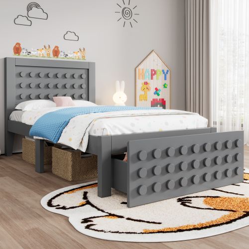 Lit Enfant 90x200 Cm Avec Tiroir, Design En Forme De Blocs De Construction, Sommier à Lattes, Gris