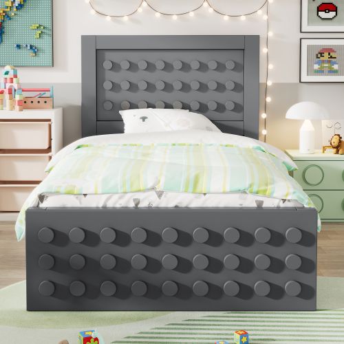Lit Enfant 90x200 Cm Avec Tiroir, Design En Forme De Blocs De Construction, Sommier à Lattes, Gris