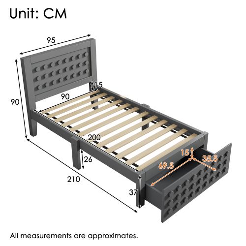 Lit Enfant 90x200 Cm Avec Tiroir, Design En Forme De Blocs De Construction, Sommier à Lattes, Gris