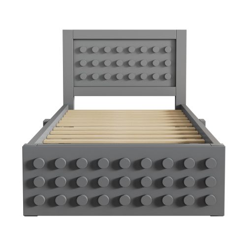 Lit Enfant 90x200 Cm Avec Tiroir, Design En Forme De Blocs De Construction, Sommier à Lattes, Gris