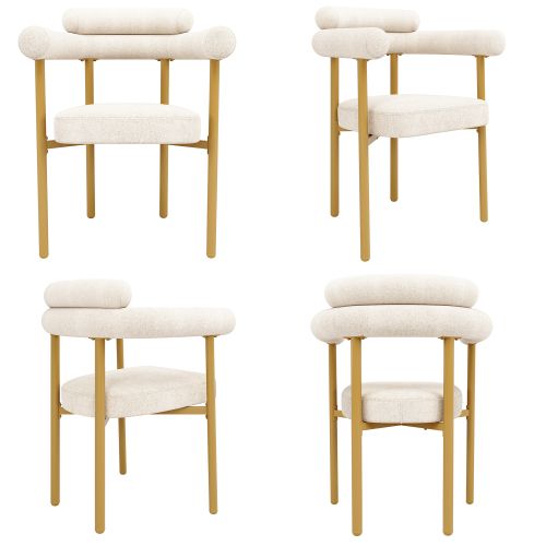 Ensemble Table Et Chaises, Table Rectangulaire Avec Pieds En Métal Doré Et 4 Chaises En Tissu Beige