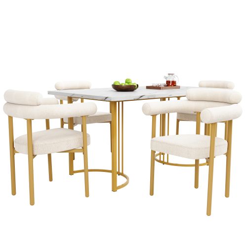 Ensemble Table Et Chaises, Table Rectangulaire Avec Pieds En Métal Doré Et 4 Chaises En Tissu Beige