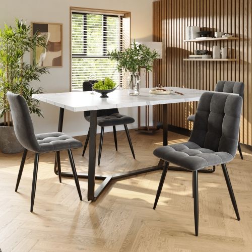 Ensemble Table Et Chaises, Table à Manger Avec Pieds En Métal Noir Et 4 Chaises En Velours Gris