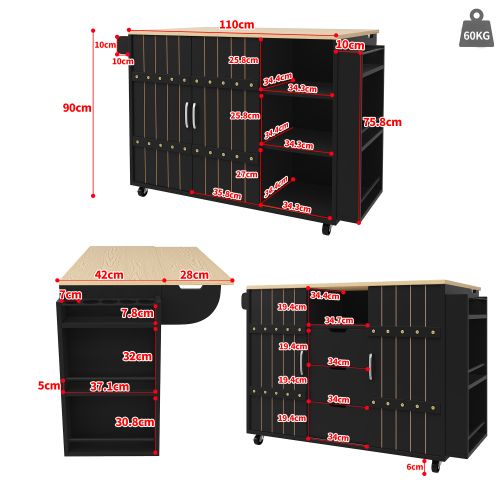 Desserte De Cuisine à 5 Roulettes, Plateau Pliant En Bois, Porte Coulissante, 3 Tiroirs, Noir