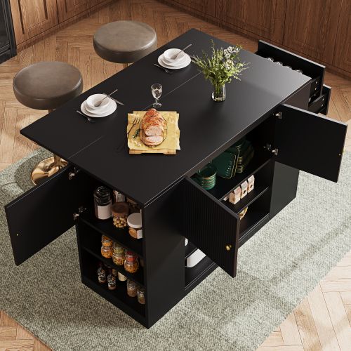 Buffet De Cuisine Noir, Buffet Avec 2 Tiroirs, 3 Portes, Rangement Ouvert, Plateau Pliable