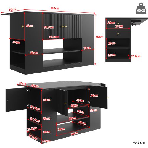 Buffet De Cuisine Noir, Buffet Avec 2 Tiroirs, 3 Portes, Rangement Ouvert, Plateau Pliable
