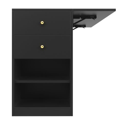 Buffet De Cuisine Noir, Buffet Avec 2 Tiroirs, 3 Portes, Rangement Ouvert, Plateau Pliable