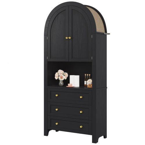 Buffet De Cuisine Noir, Buffet Haut Avec 3 Tiroirs, 2 Portes De Rangement Cintrées, Rangement Ouvert