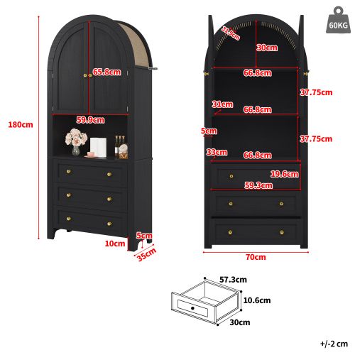 Buffet De Cuisine Noir, Buffet Haut Avec 3 Tiroirs, 2 Portes De Rangement Cintrées, Rangement Ouvert