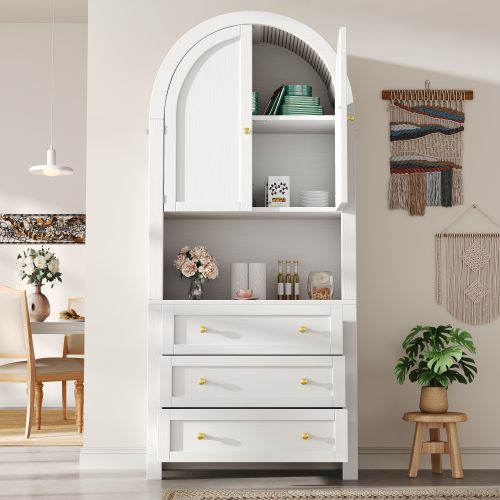 Buffet De Cuisine Blanc, Buffet Haut Avec 3 Tiroirs 2 Portes De Rangement Cintrées, Rangement Ouvert