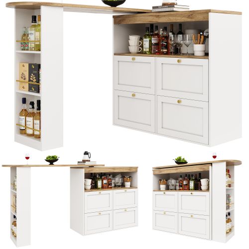 Table à Manger Blanche Rotative à 360° Avec 4 Tiroirs, Rangement Ouvert, Plateau Bois