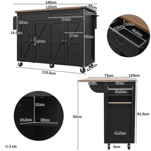 Desserte De Cuisine à 5 Roulettes, 4 Portes 2 Tiroirs, Porte-serviettes, Plateau Pliant Marron, Noir