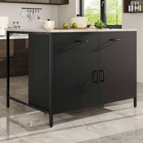 Buffet De Cuisine Noir Avec 2 Tiroirs, 2 Portes, Plateau Extensible Motif Marbre, Pieds Réglables