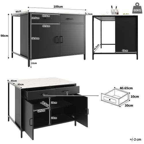 Buffet De Cuisine Noir Avec 2 Tiroirs, 2 Portes, Plateau Extensible Motif Marbre, Pieds Réglables