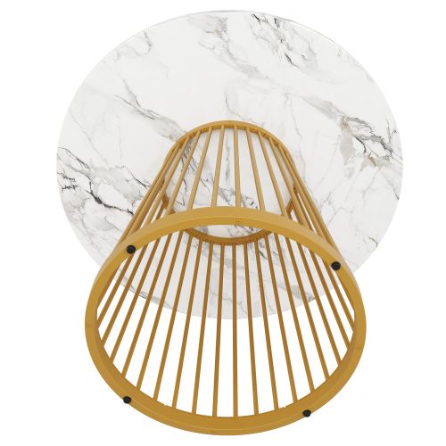 Table à Manger Ronde Blanche Avec Plateau En Mdf à Motif Marbre, Cadre En Métal Doré