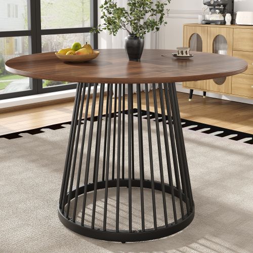 Table à Manger Ronde Marron Avec Pieds En Métal Noir, Plateau En Mdf Grain De Bois