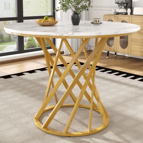 Table à Manger Ronde Avec Pieds Ronde En Métal Doré, Plateau à Motifs De Marbre