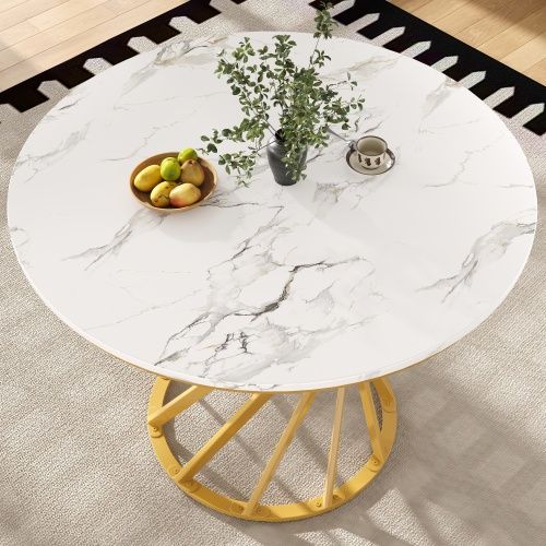 Table à Manger Ronde Avec Pieds Ronde En Métal Doré, Plateau à Motifs De Marbre